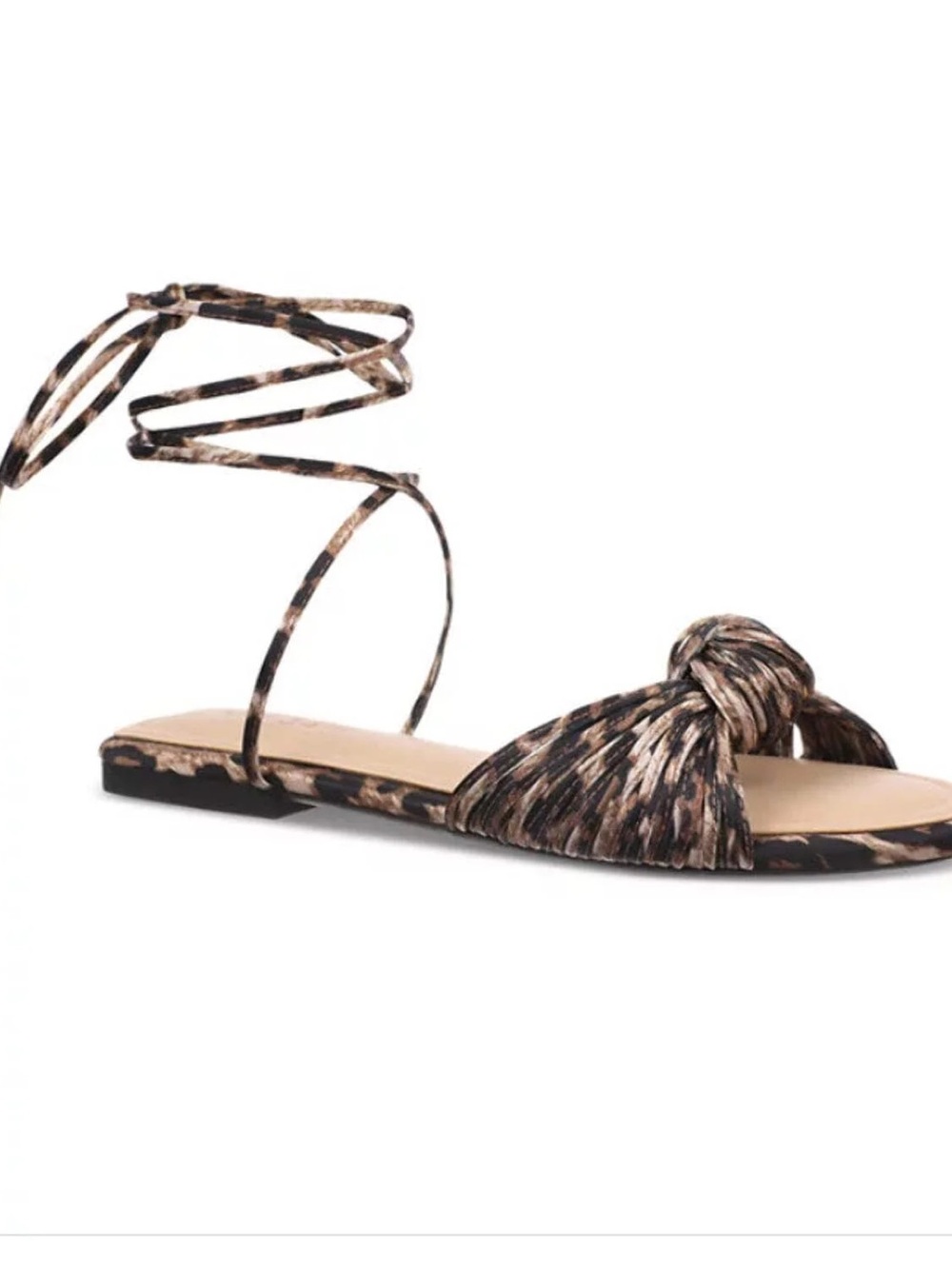 Leopard Print Knot Ankle-Tie Flat Sandals - Brown
